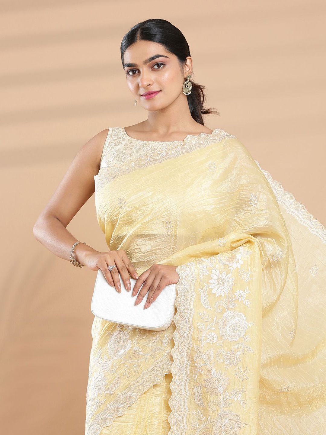 

Kalyan Silks Embellished Beads and Stones Organza Saree, Yellow