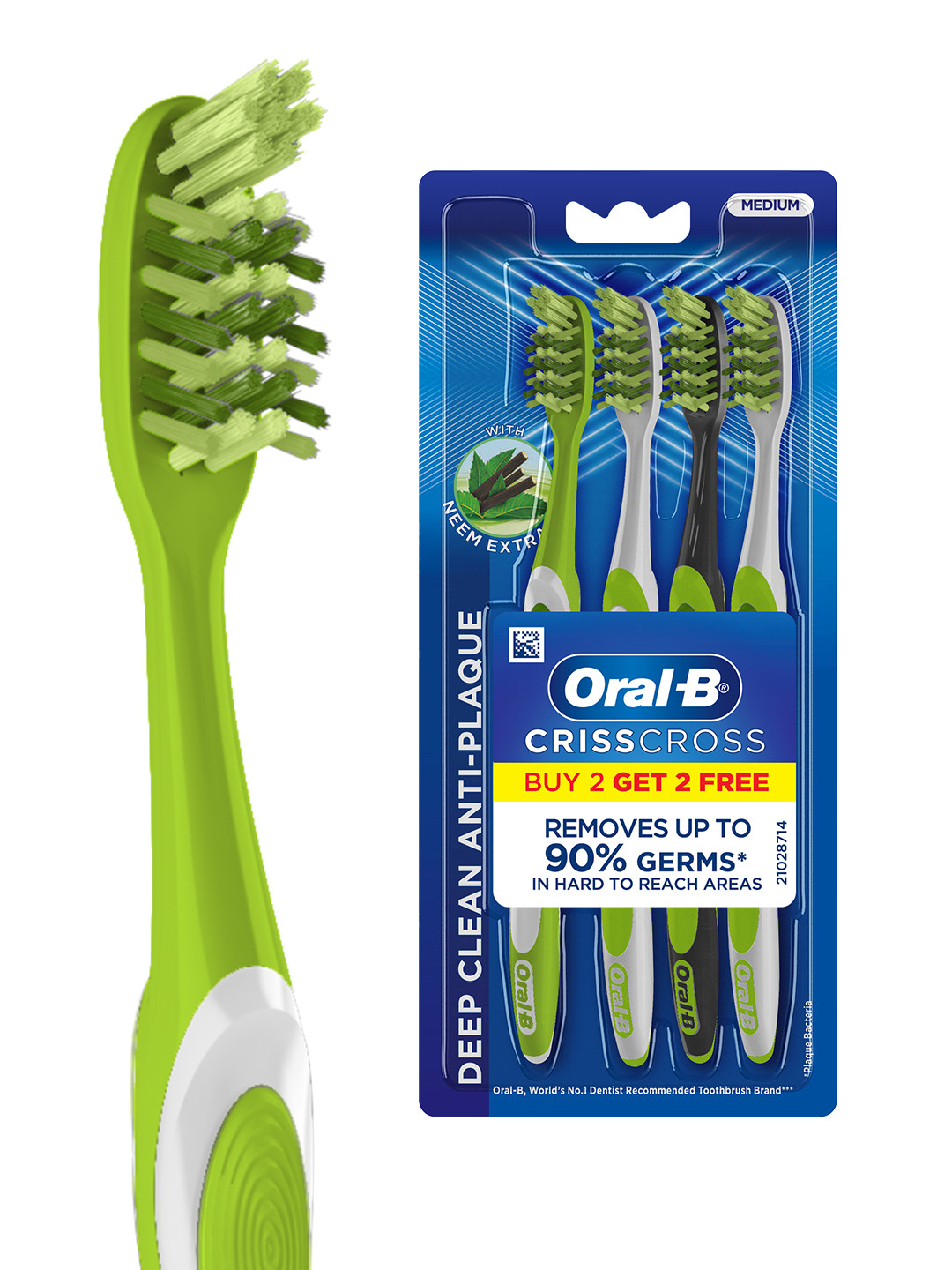 

Oral - B Criss Cross Toothbrush With Neem Extract - Buy 2 Get 2 Free, Green