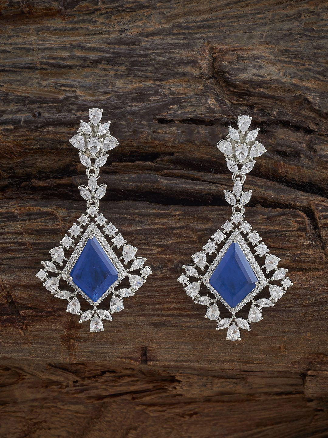 

Kushal's Fashion Jewellery Sapphire Rhodium-Plated Zircon Studded Drop Earrings, Silver