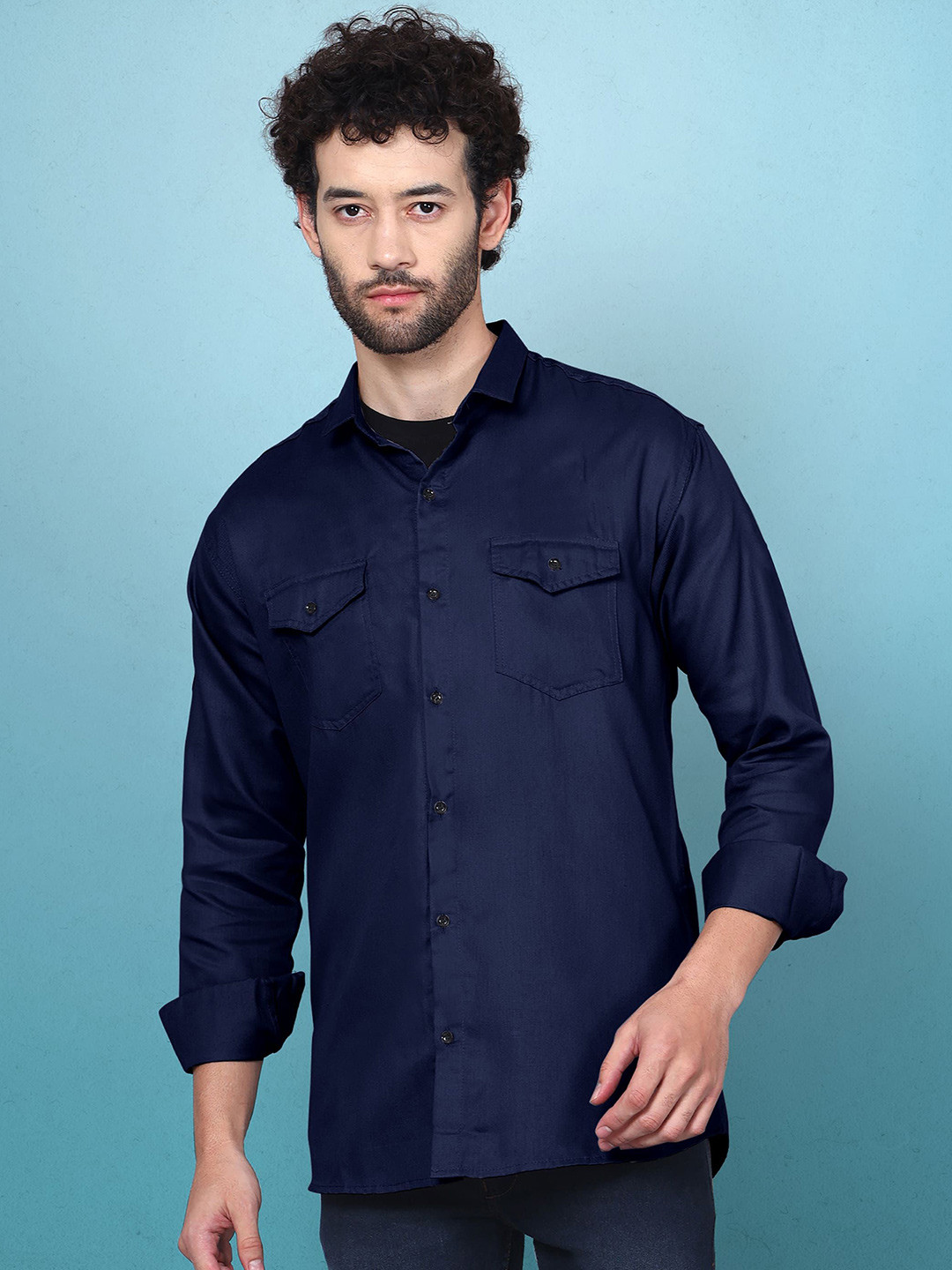 

WOXEN Men Original Fit Spread Collar Solid Cotton Casual Shirt, Navy blue
