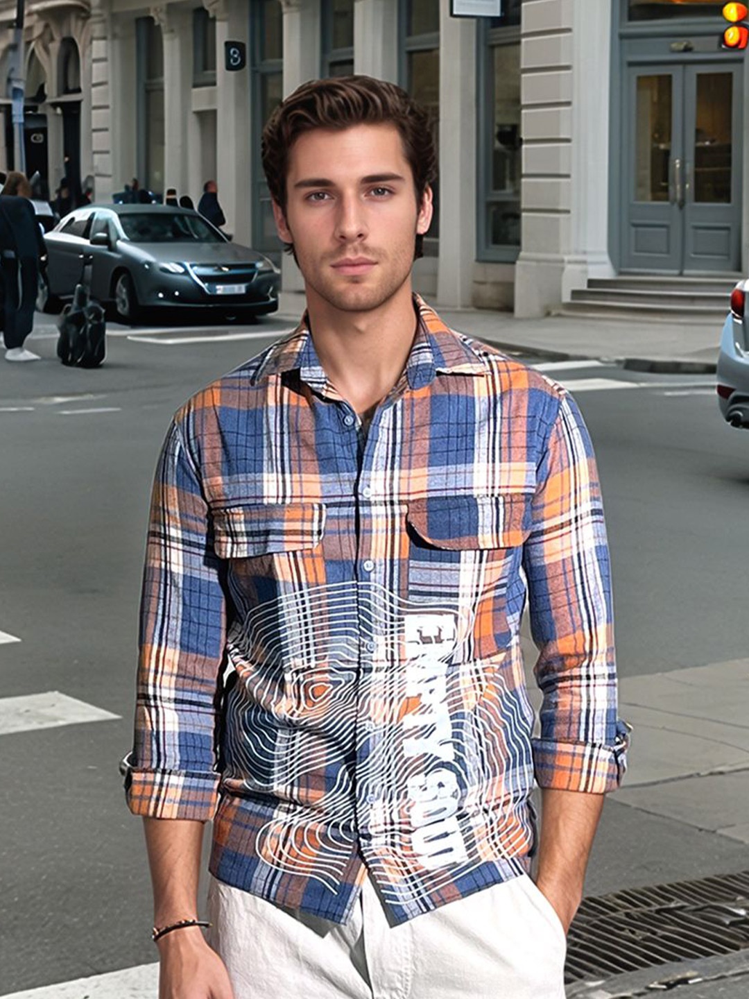 

HERE&NOW Men Spread Collar Abstract Printed Cotton Casual Shirt, Blue