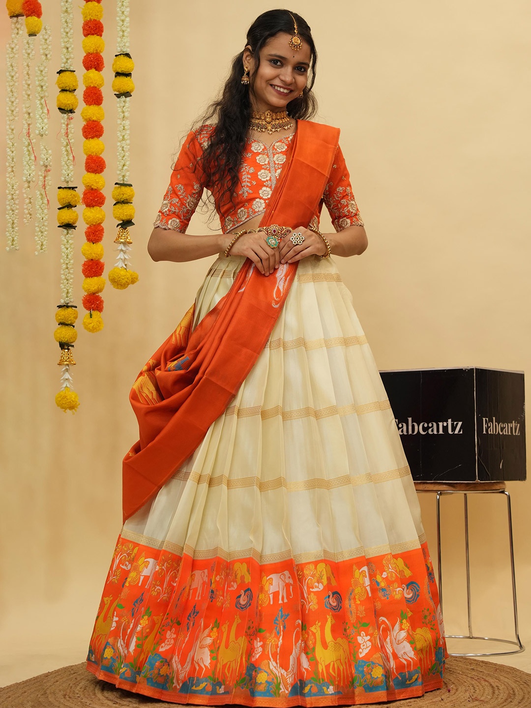 

Fabcartz Embroidered Zari Work Semi-Stitched Lehenga With Unstitched Blouse & Dupatta, Orange