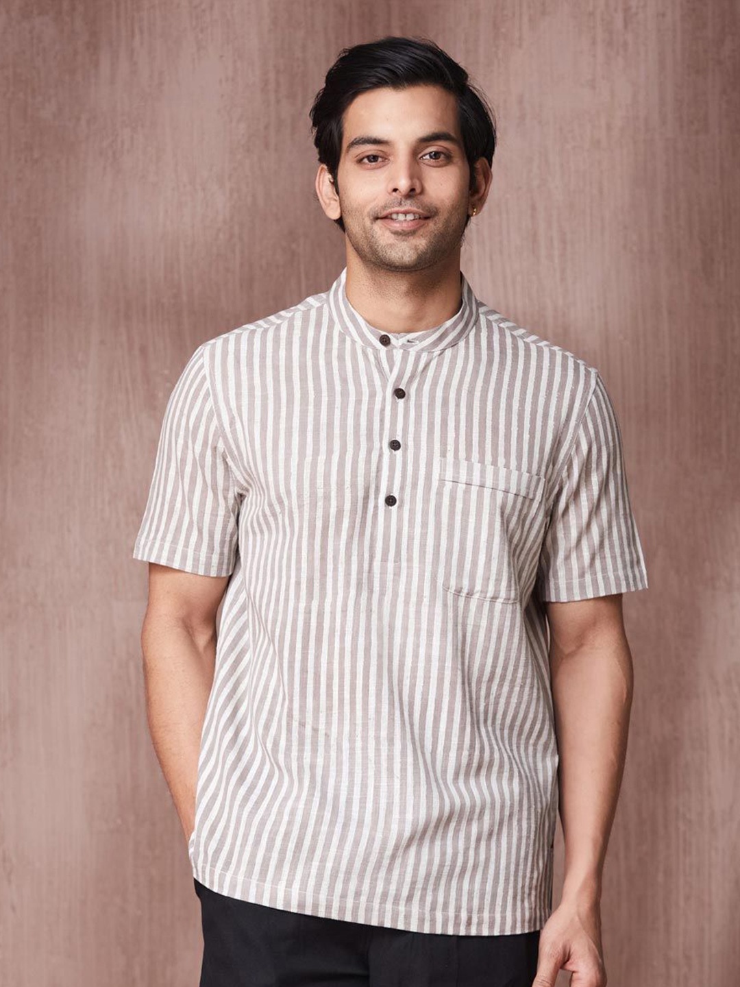 

Fabindia Men Band Collar Vertical Striped Cotton Casual Shirt, Brown