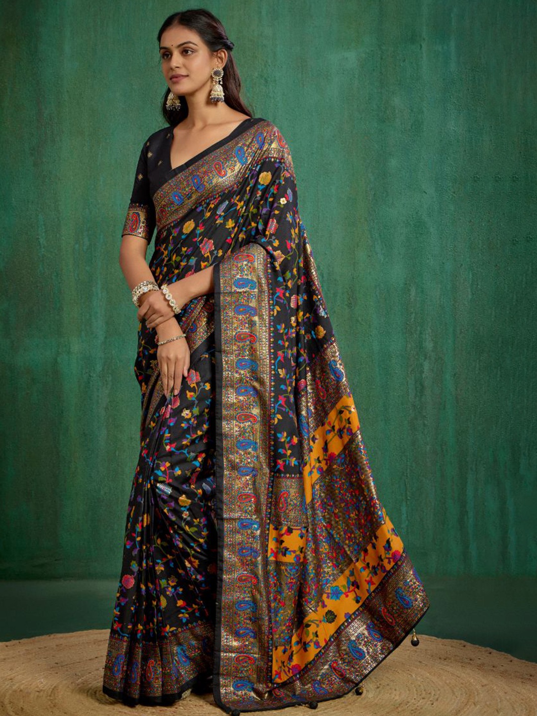 

Sangria Black Velvet Tussar Silk Floral Print Ready to Wear Saree