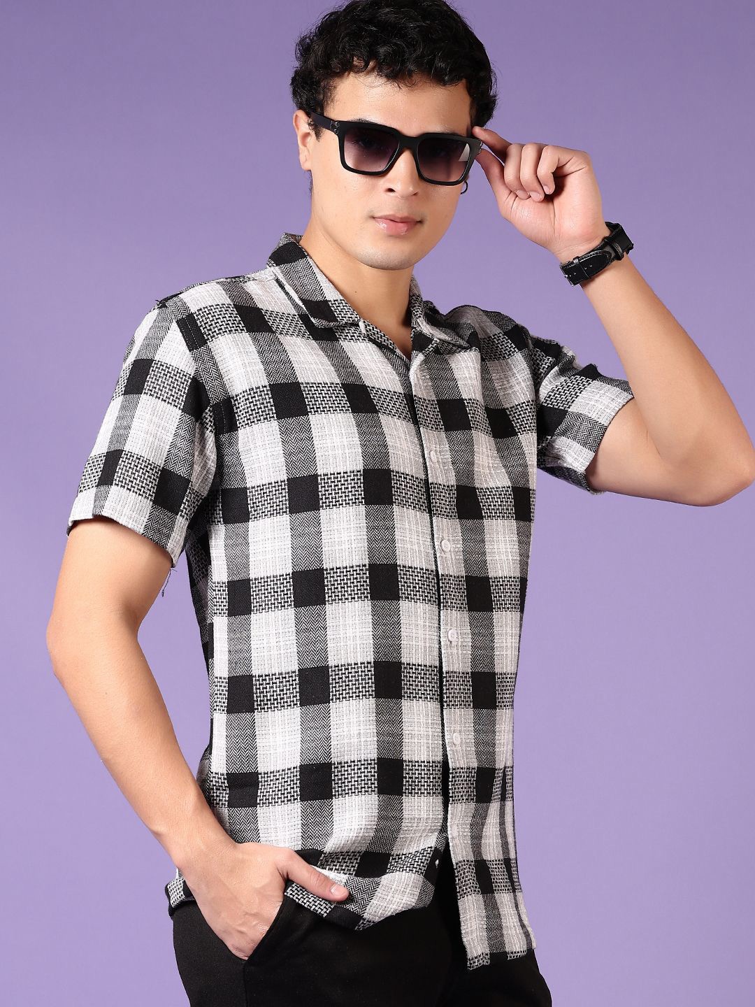 

V-Mart Men Cuban Collar Textured Cotton Casual Shirt, Black