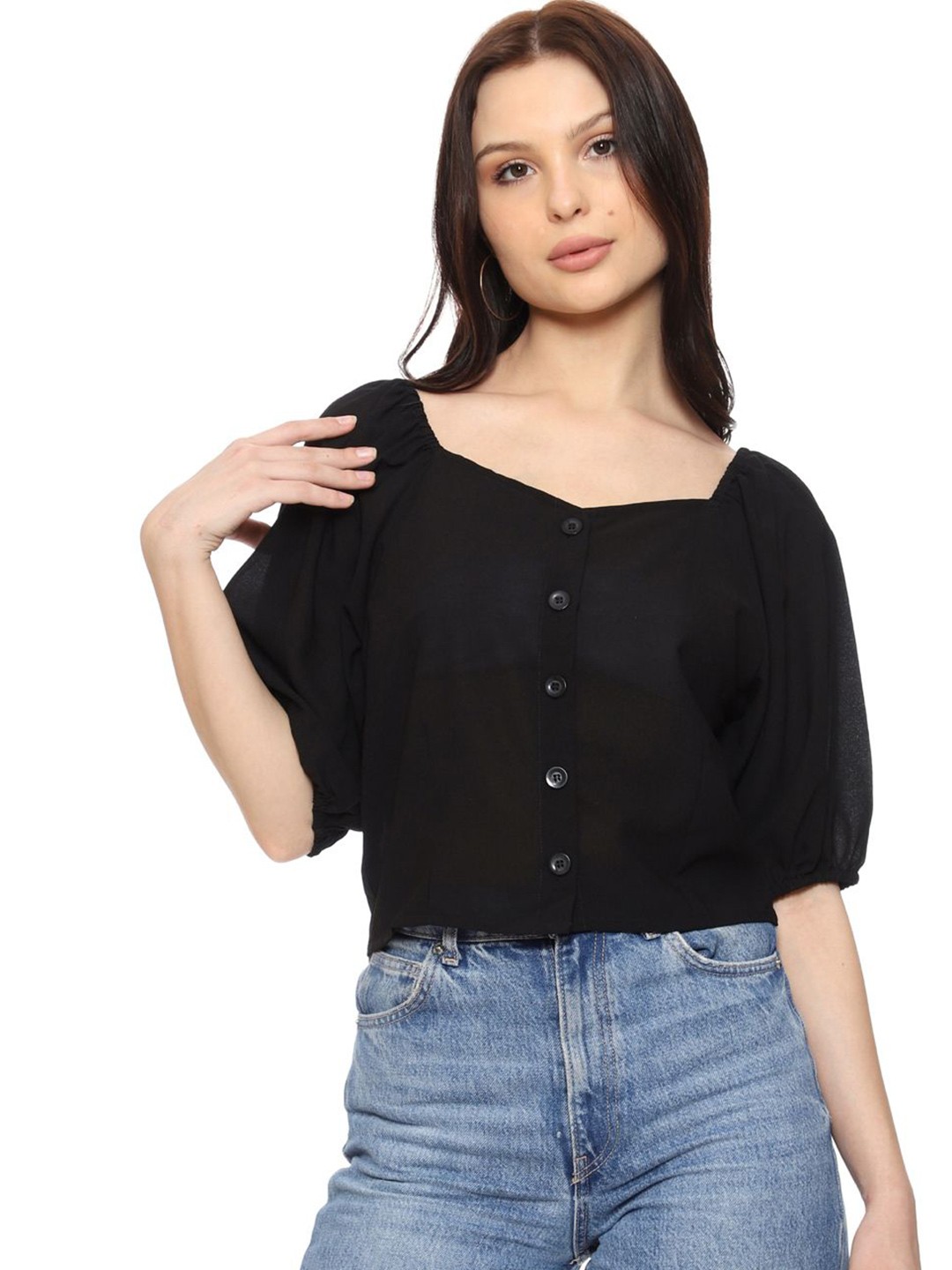 

SXV STYLE Solid Puff Sleeves Georgette Crop Top, Black