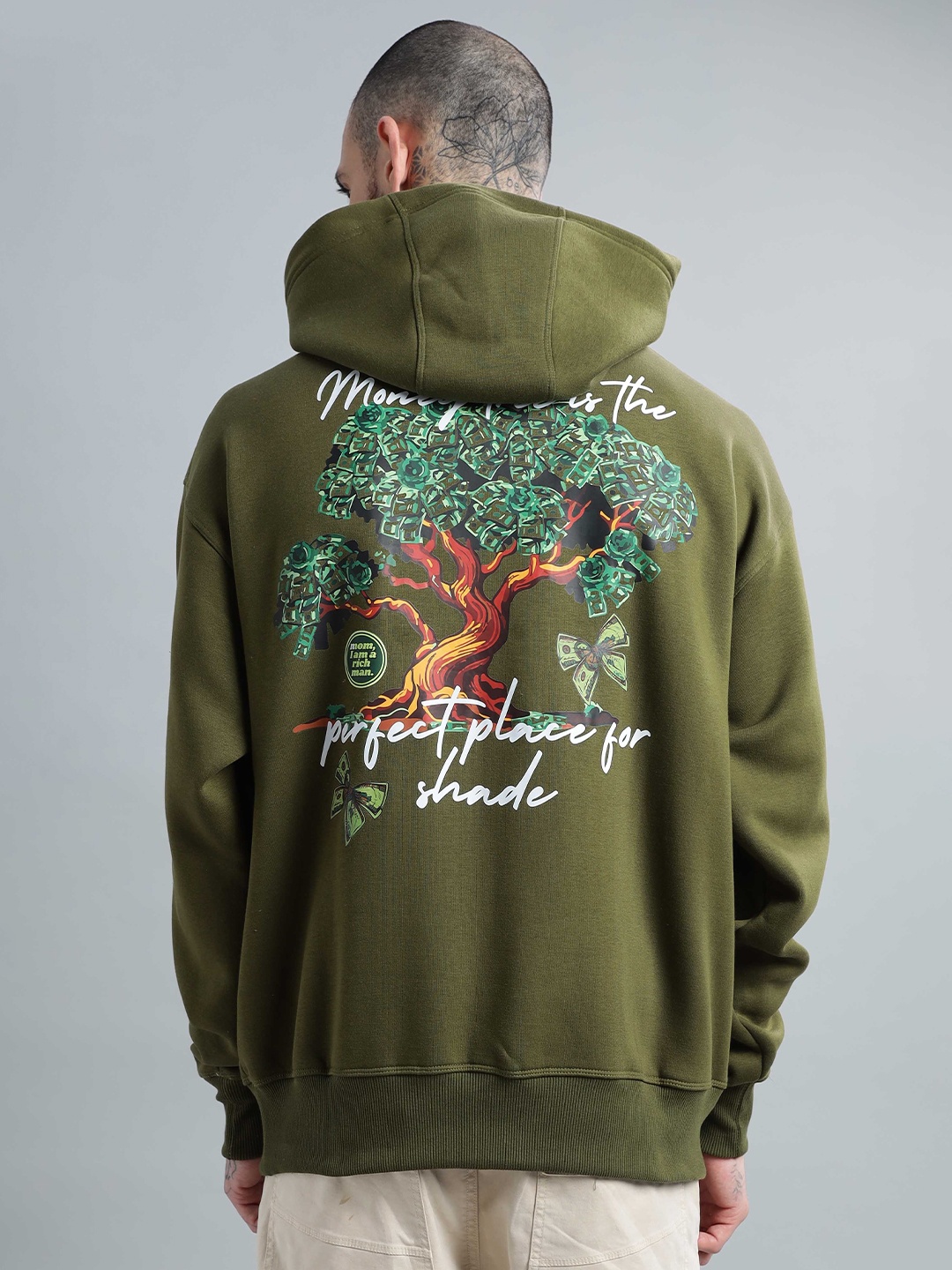 

BUMCHIQ Men Printed Hooded Pullover Cotton Sweatshirt, Olive