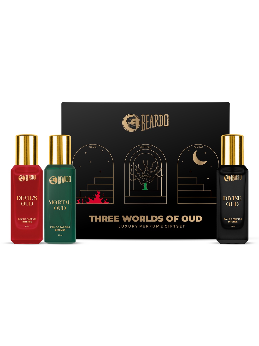 

BEARDO Set Of 3 Three Worlds Devil's Oud, Mortal Oud & Divine Oud Perfume - 20ml Each, Red