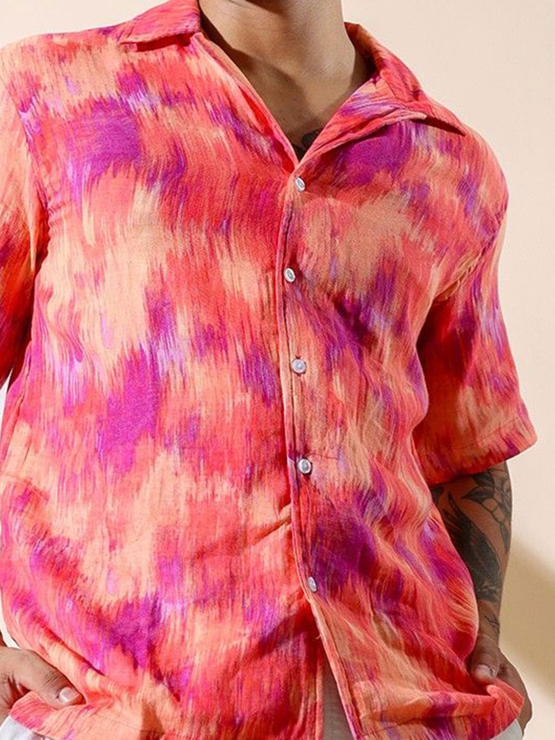 

HERE&NOW Men Relaxed Fit Spread Collar Abstract Printed Cotton Casual Shirt, Orange