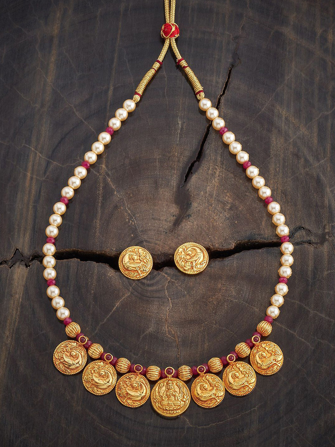 

Kushal's Fashion Jewellery Ruby Gold-Plated Ethnic Antique Jewellery Set