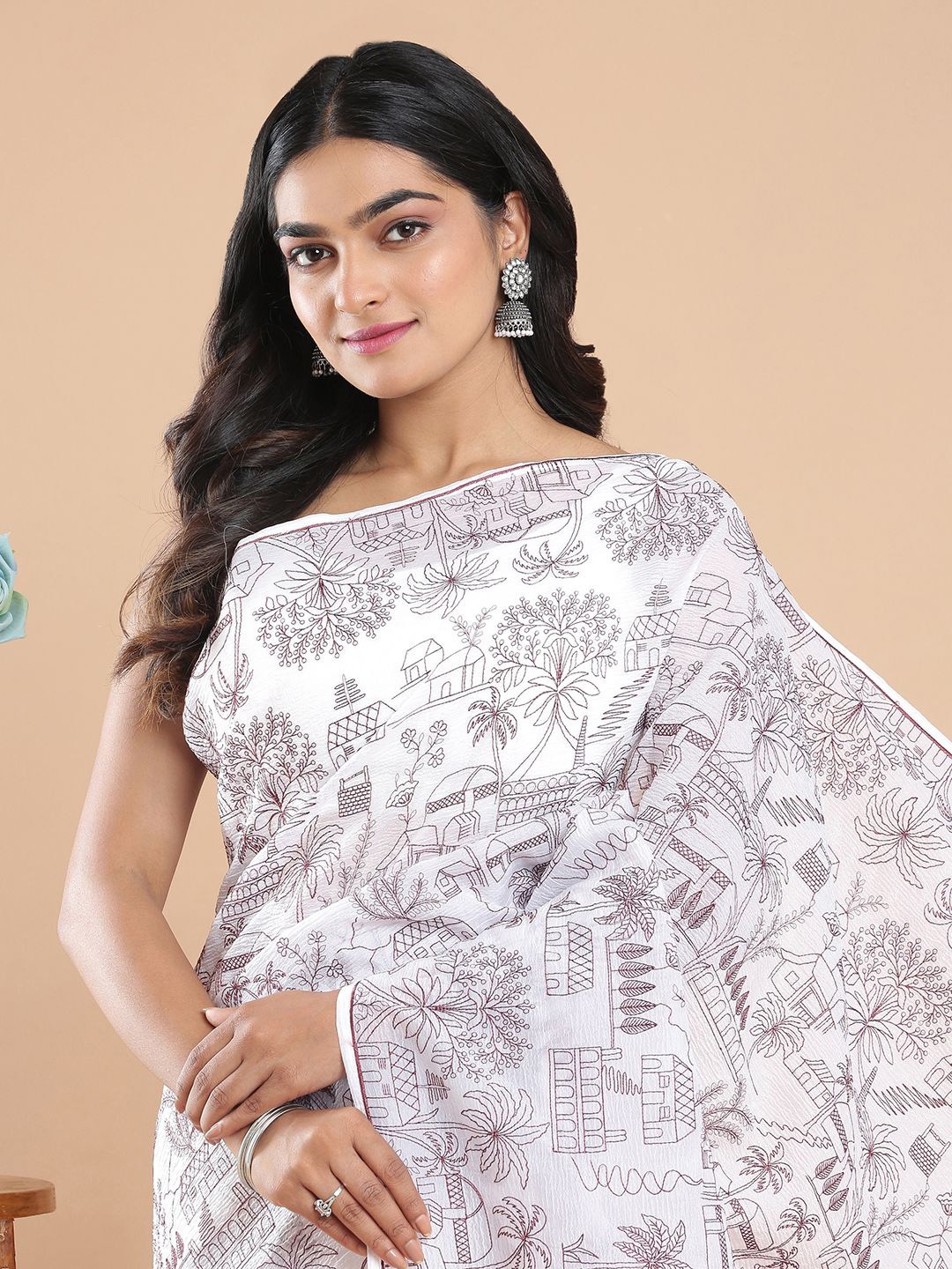 

Kalyan Silks Floral Embroidered Organza Saree, Off white