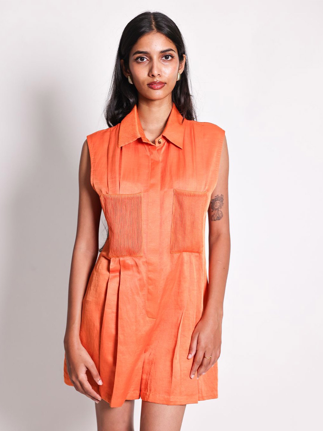 

Arya Giri Women Modal Shirt Collar Playsuit, Orange