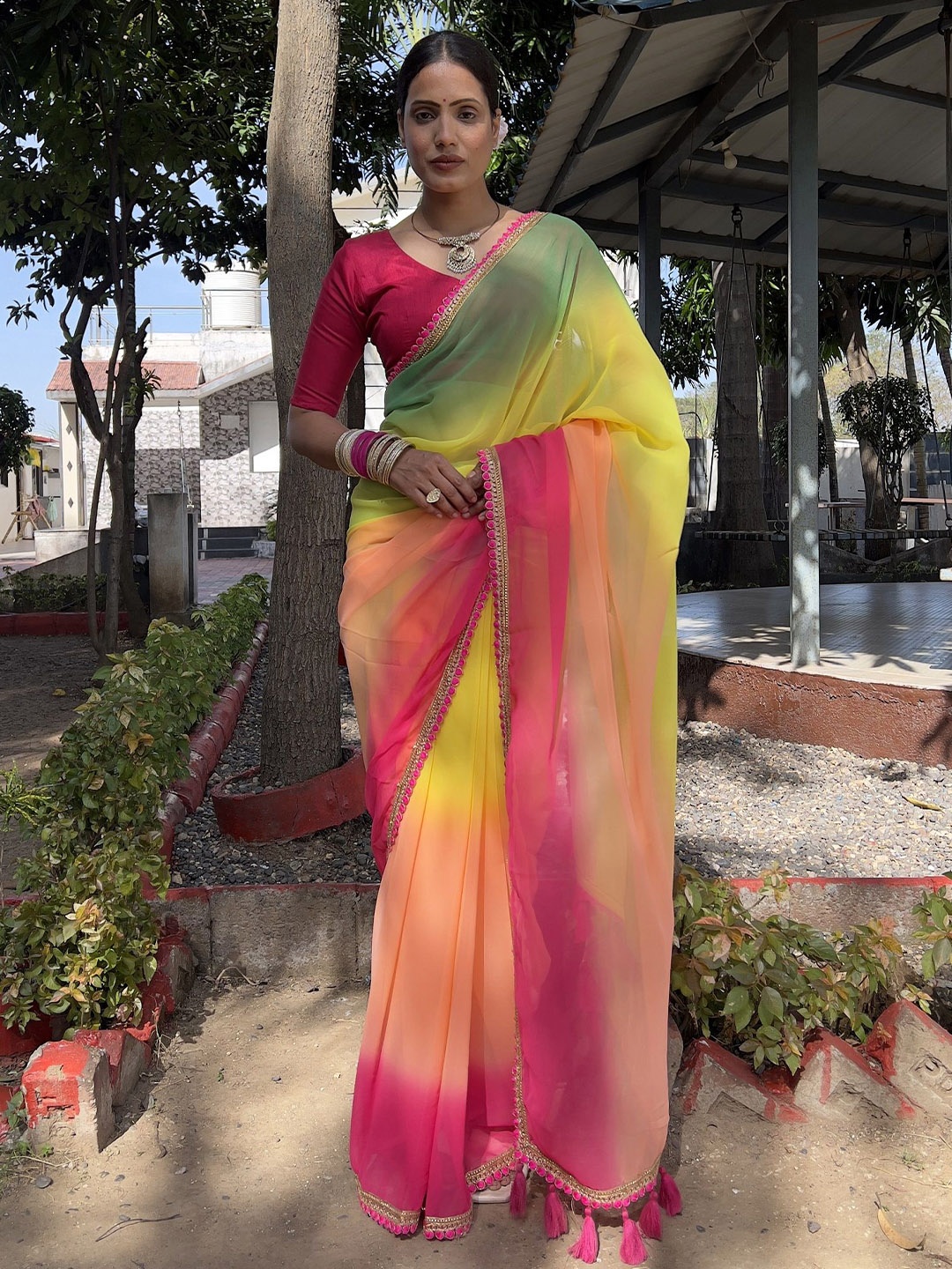 

APNISHA Ombre Embroidered Pure Georgette Saree, Yellow