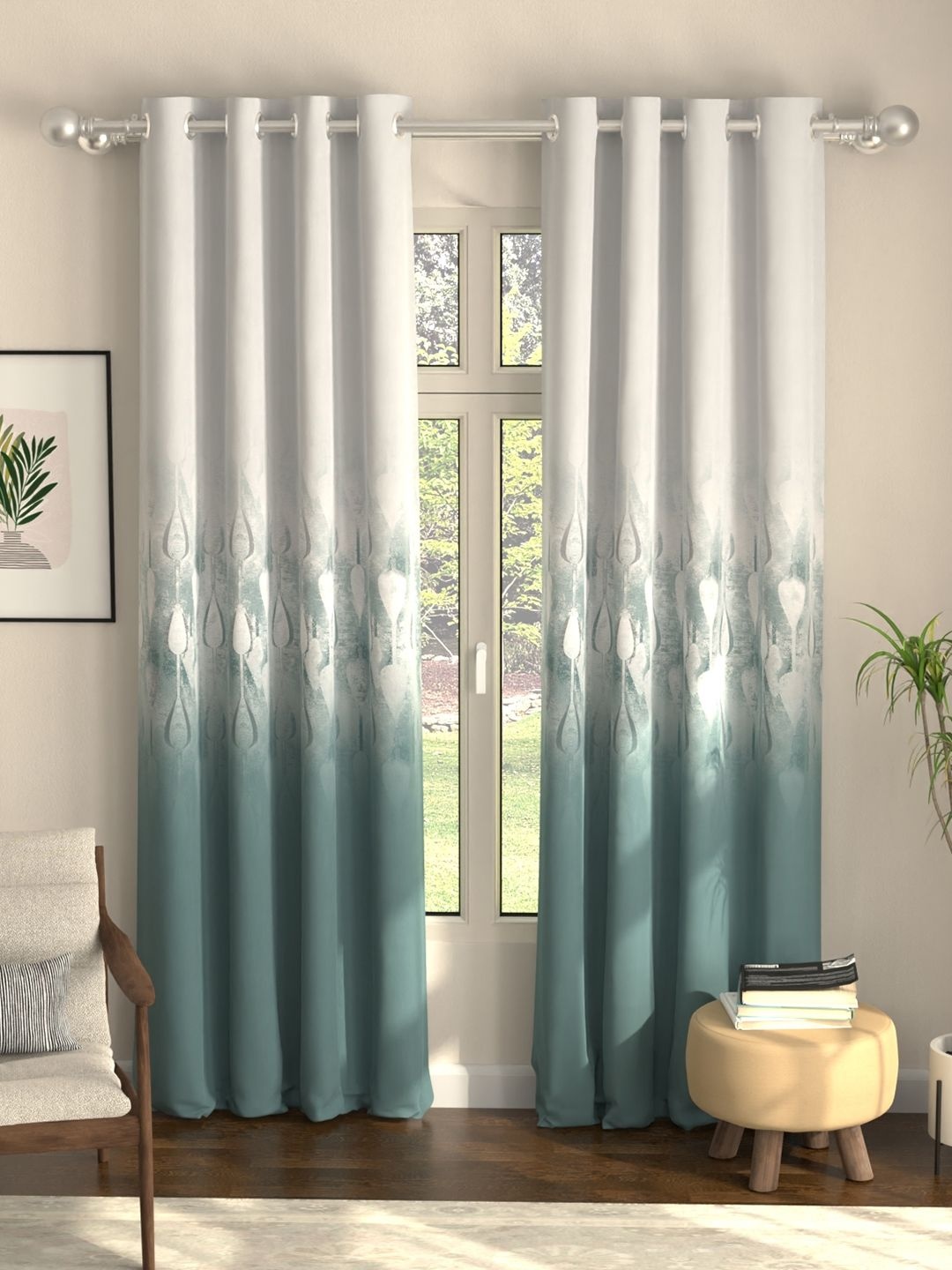 

URBAN SPACE Turquoise Blue & White Pack of 2 Colourblocked Digital Black Out Door Curtains