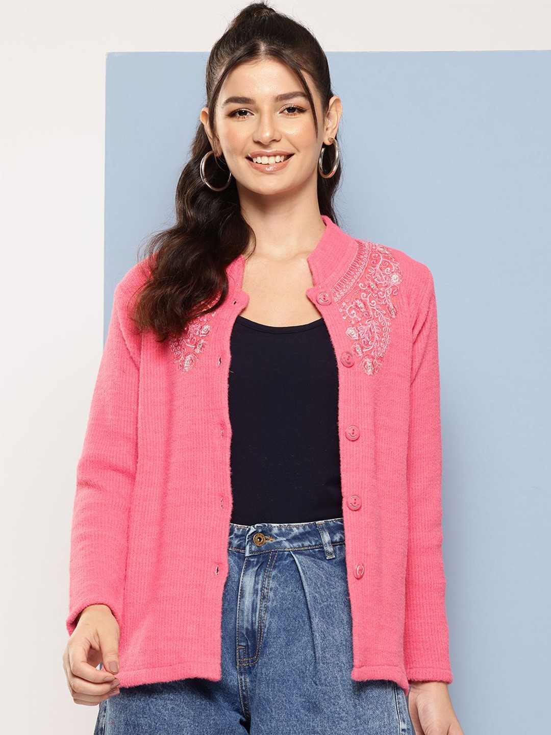 

BAESD Women Embroidered Long Sleeves Woollen Cardigan, Pink