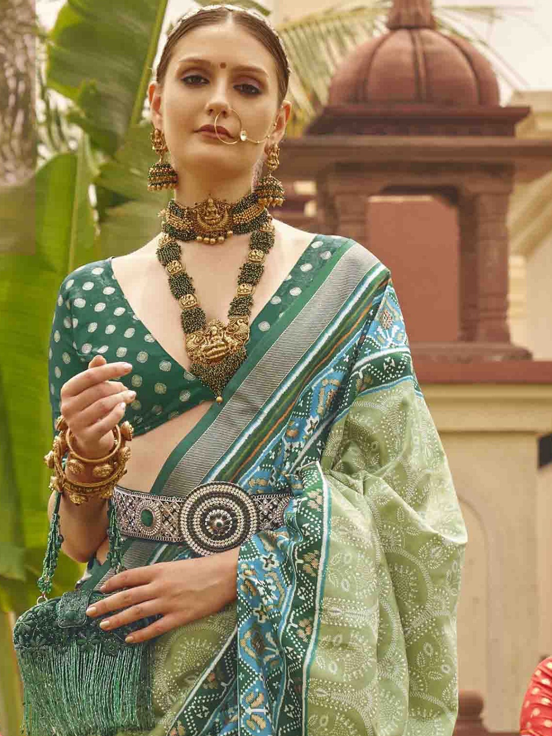 

Mitera Floral Silk Blend Patola Saree, Green