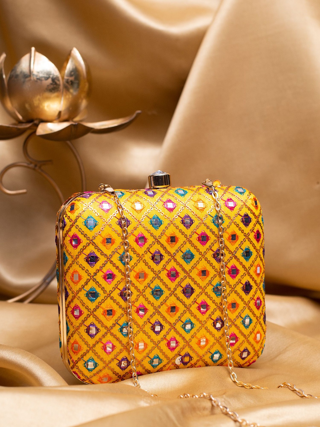 

ARTKLIM Sequins Embroidered Box Clutch with Sling Chain, Yellow