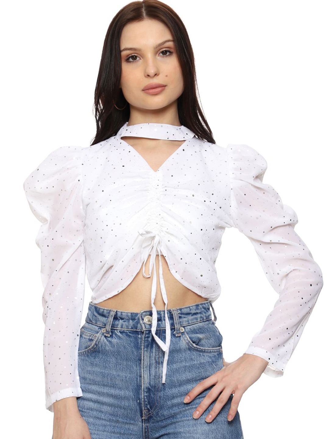 

SXV STYLE Women Embellished Crop Top, White