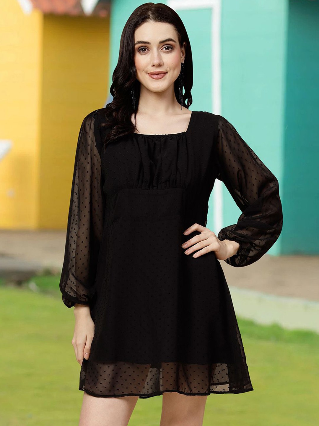 

MISS AYSE Applique Fit & Flare Dress, Black