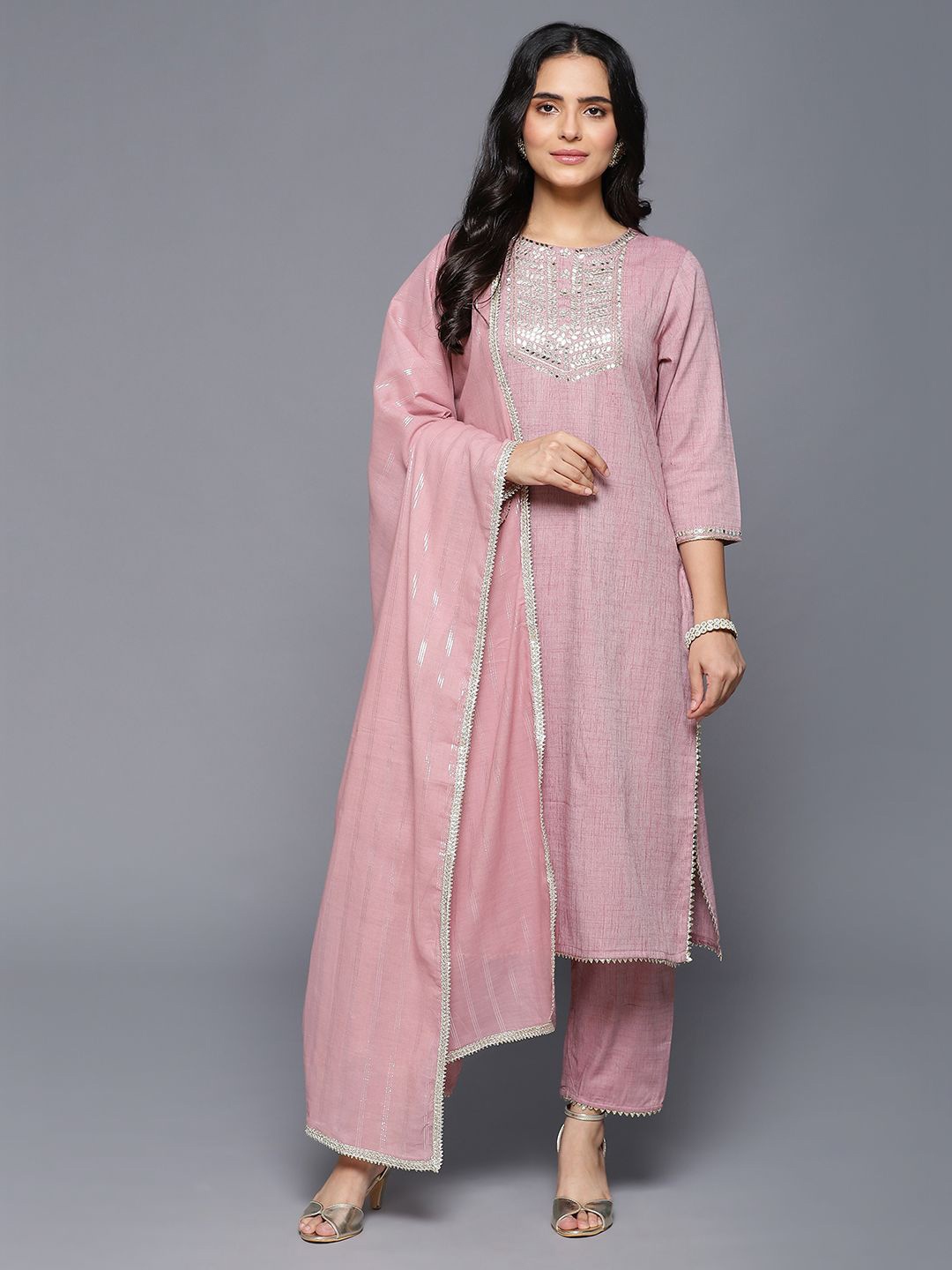 

VEGAL Geometric Yoke Design Round Neck Mirror Work Straight Kurta With Trousers & Dupatta, Pink