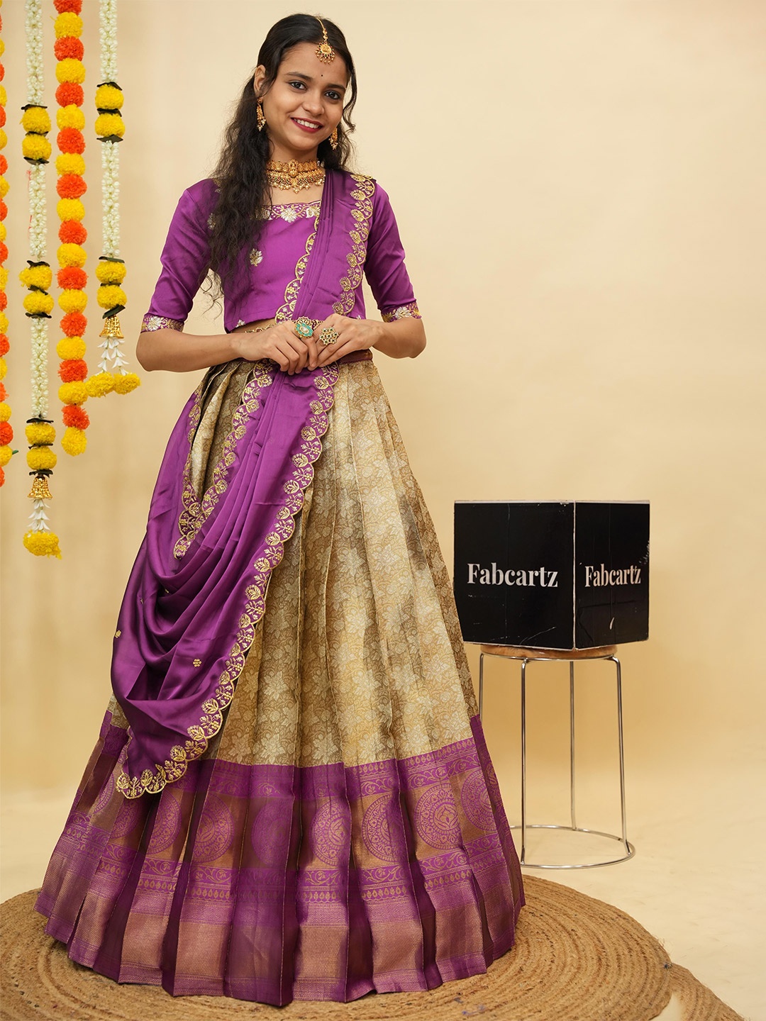 

Fabcartz Embroidered Zari Work Semi-Stitched Lehenga With Unstitched Blouse & Dupatta, Purple