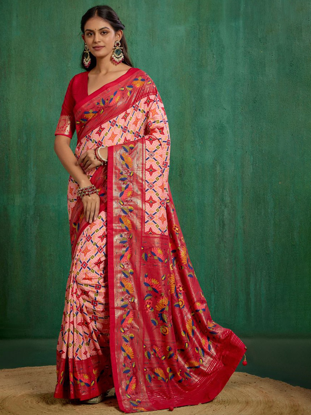 

Sangria Peachy Pink Cotton Silk Ikkat Print Ready to Wear Saree