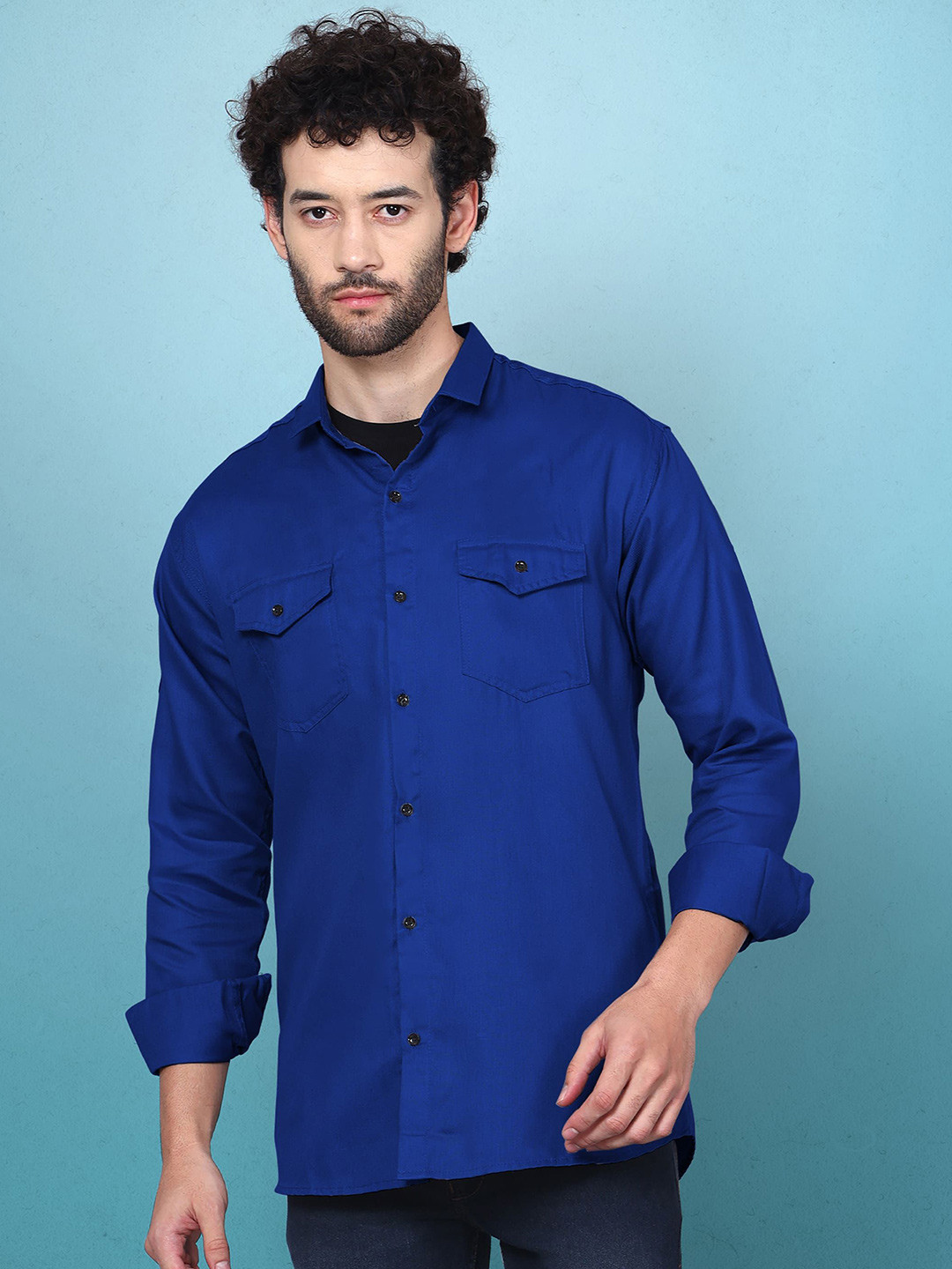 

WOXEN Men Original Fit Spread Collar Solid Cotton Casual Shirt, Blue
