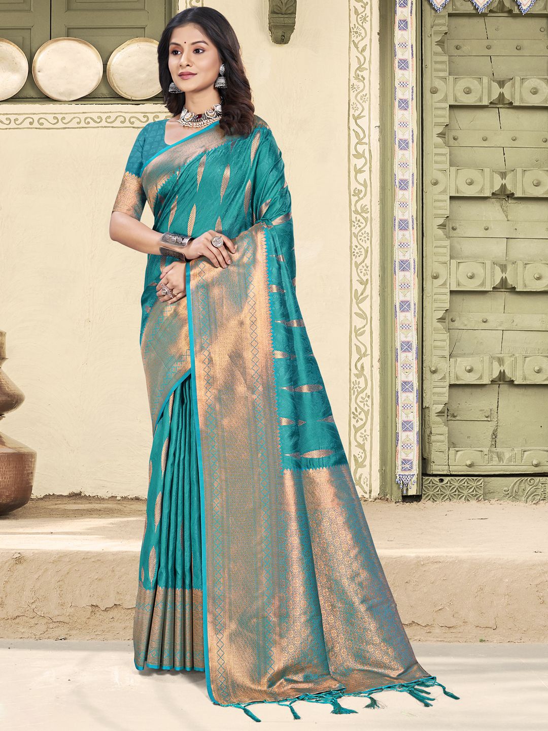 

SANGAM PRINTS Woven Design Zari Tussar Saree, Turquoise blue