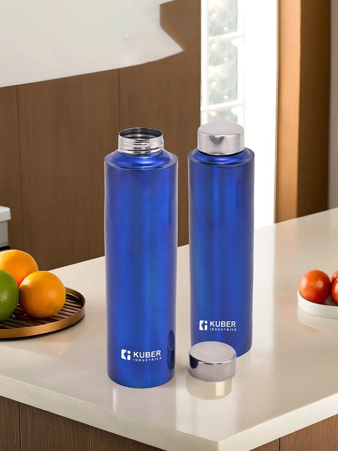 

Kuber Industries Blue 2 Pieces Stainless Steel Leakproof Water Bottle 1L