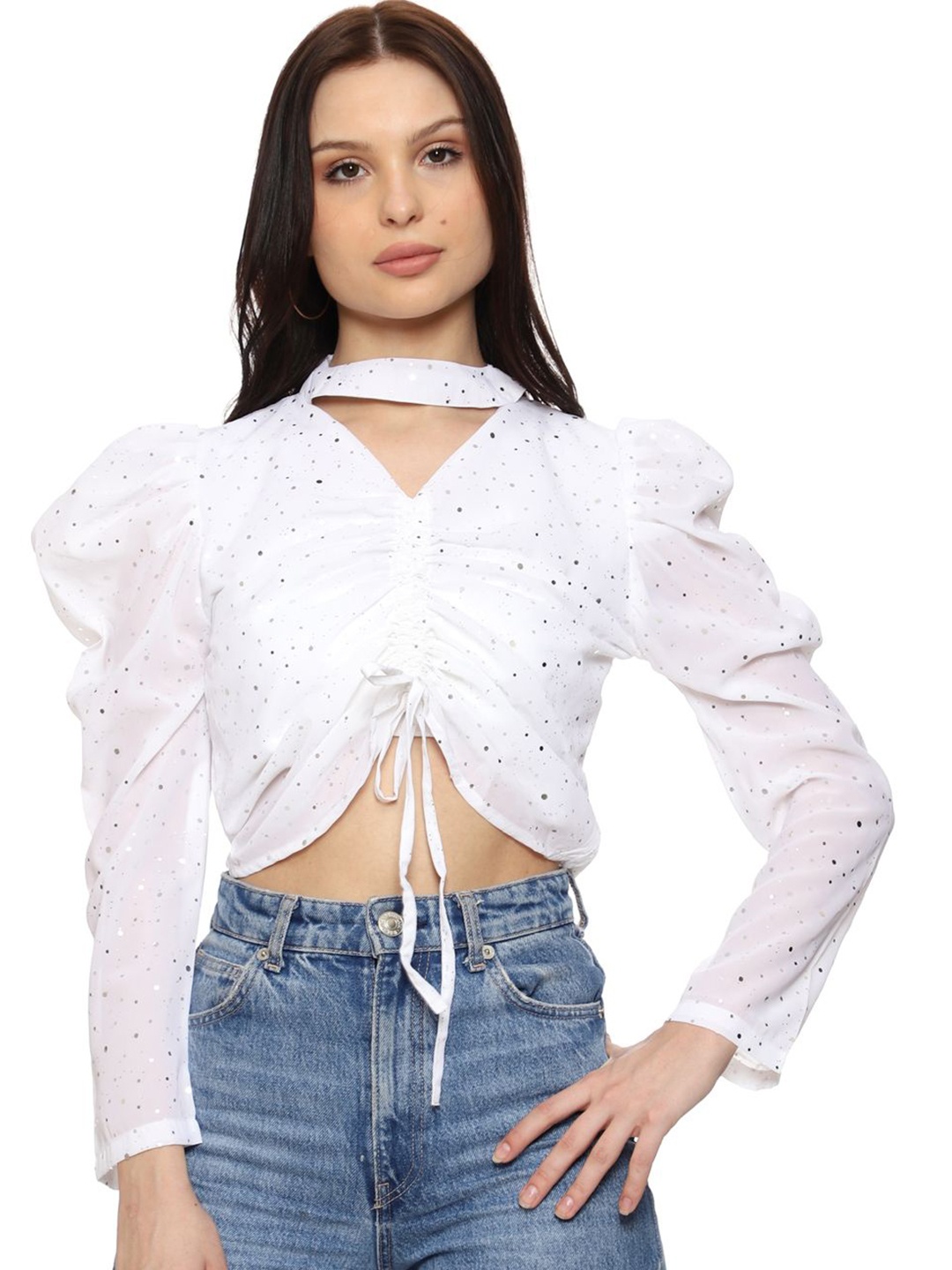 

SXV STYLE Women Printed Georgette Crop Top, White