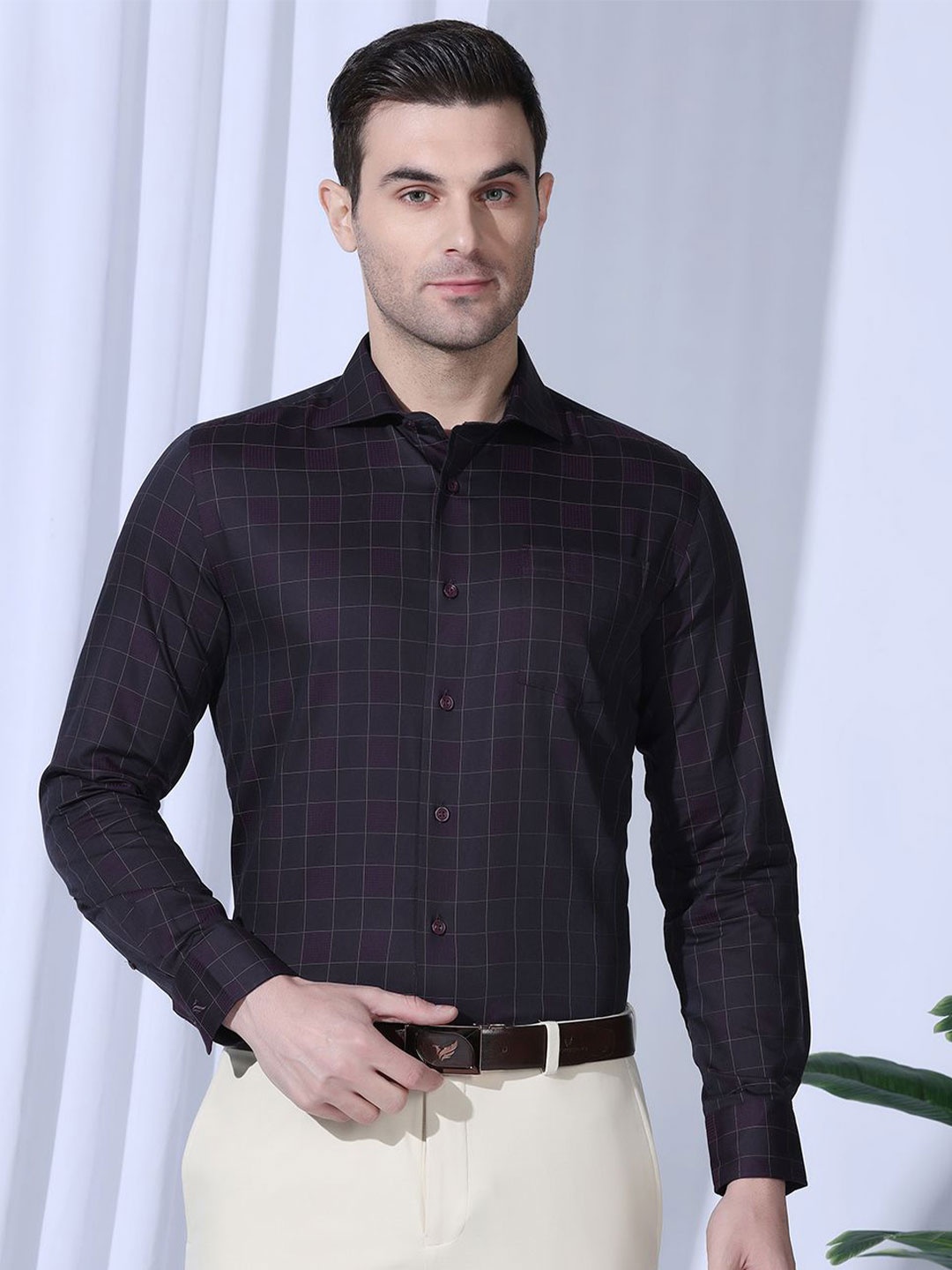 

Blackberrys Men India Slim Fit Spread Collar Grid Tattersall Checked Cotton Formal Shirt, Purple