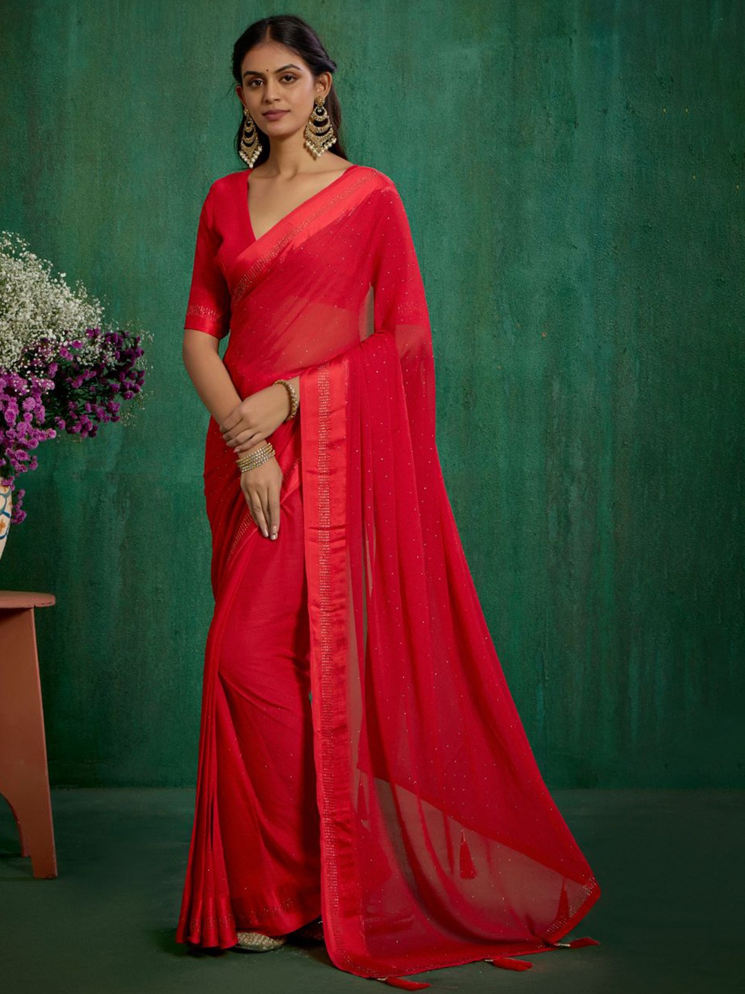 

Sangria Red Wine Chiffon Swarovski Ready to Wear Saree
