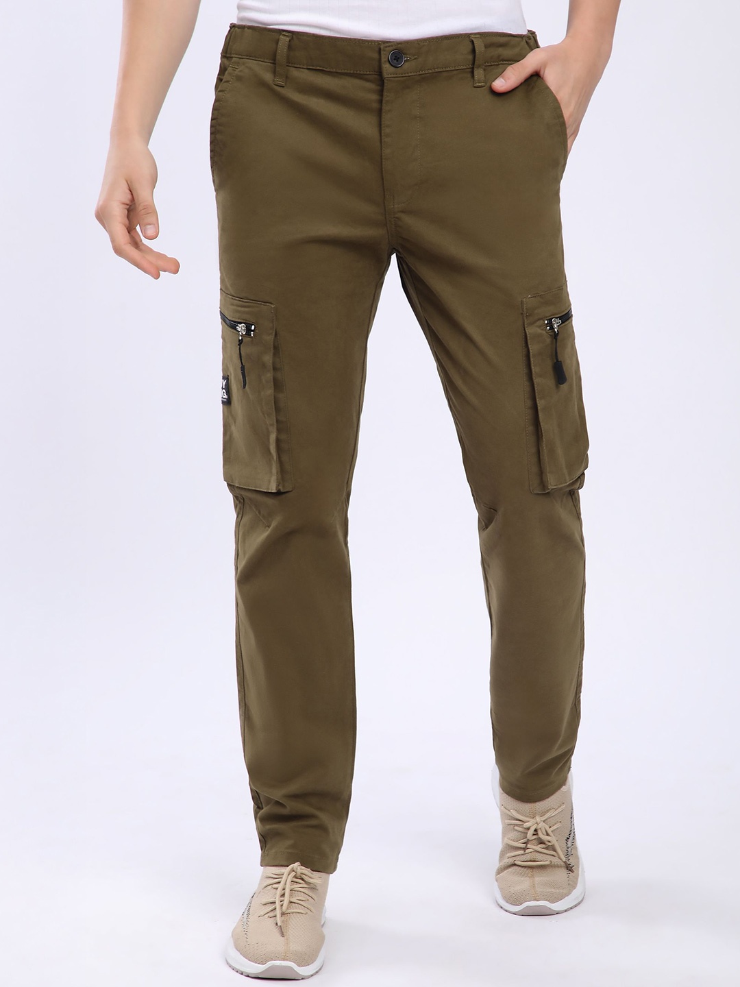 

Beyoung Men Brown Slant Zipper Pocket Cargo Pants, Olive