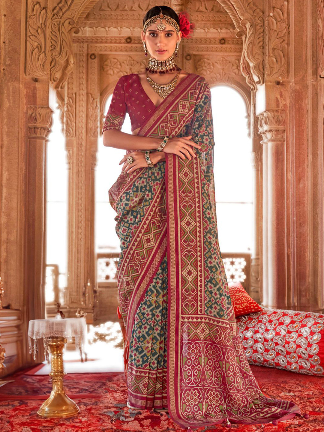 

Anouk Ethnic Motifs Silk Blend Patola Saree, Sea green