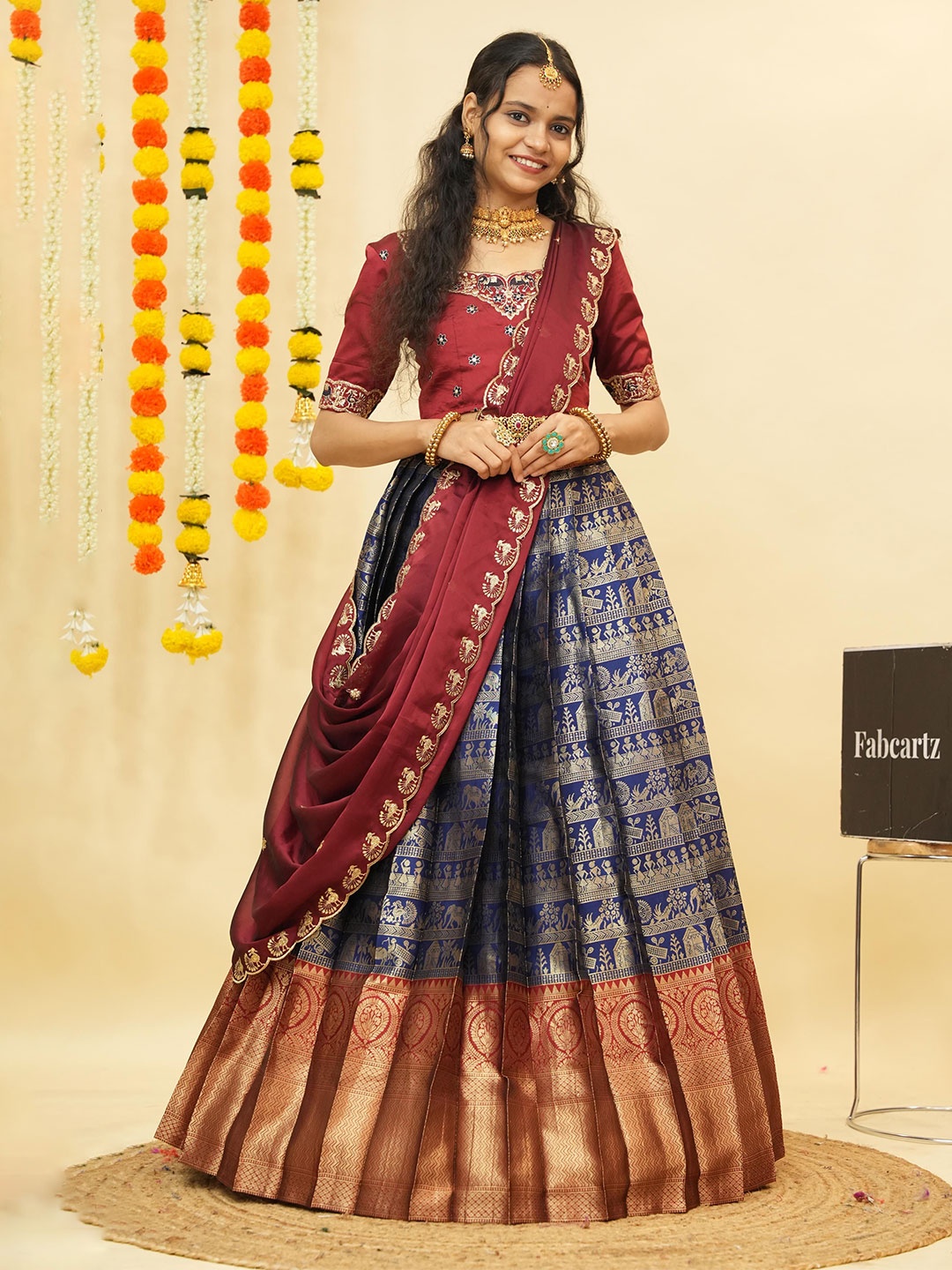 

Fabcartz Embroidered Thread Work Semi-Stitched Lehenga & Unstitched Blouse With Dupatta, Navy blue