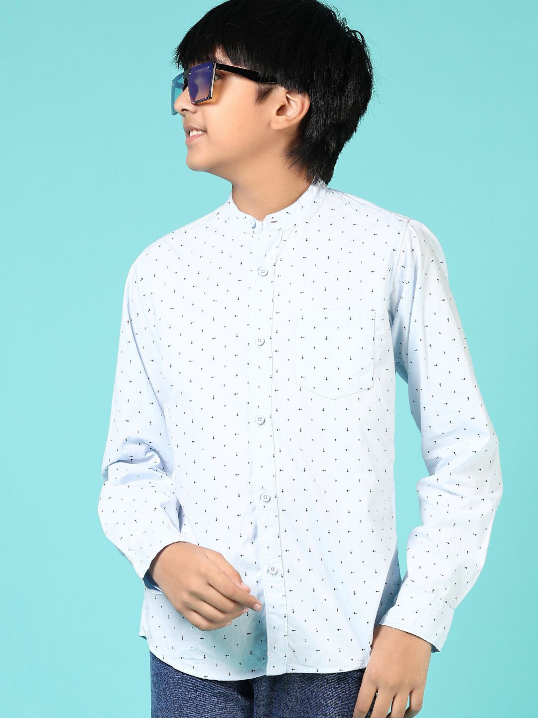 

V-Mart Boys Band Collar Micro Ditsy Printed Cotton Casual Shirt, Blue