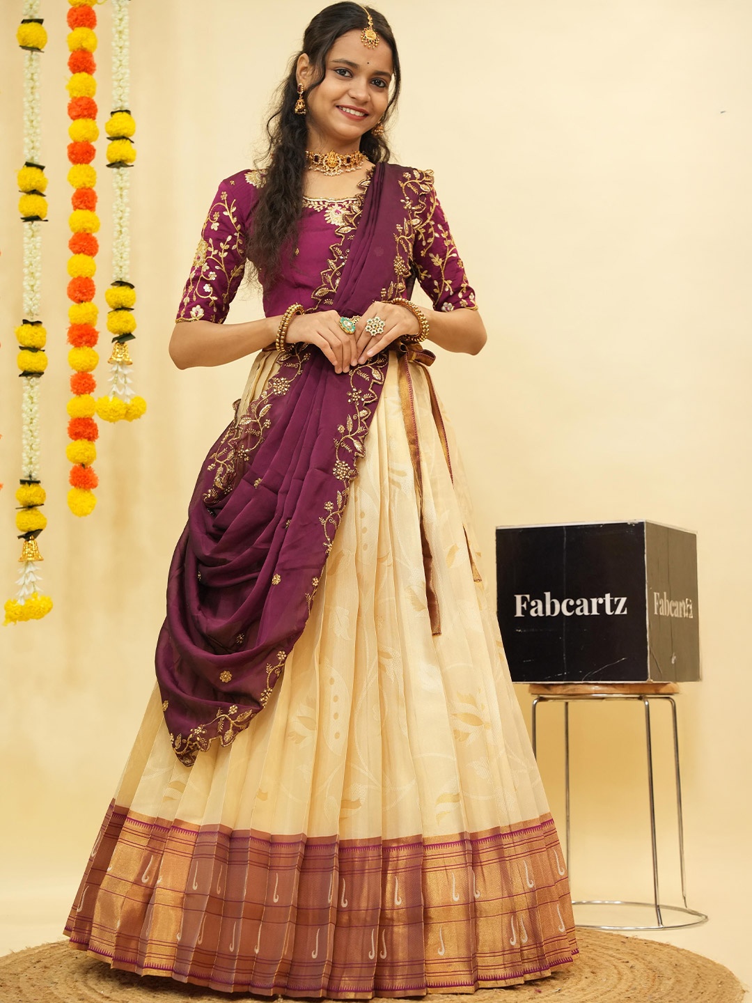 

Fabcartz Embellished Semi-Stitched Lehenga & Unstitched Blouse With Dupatta, Cream