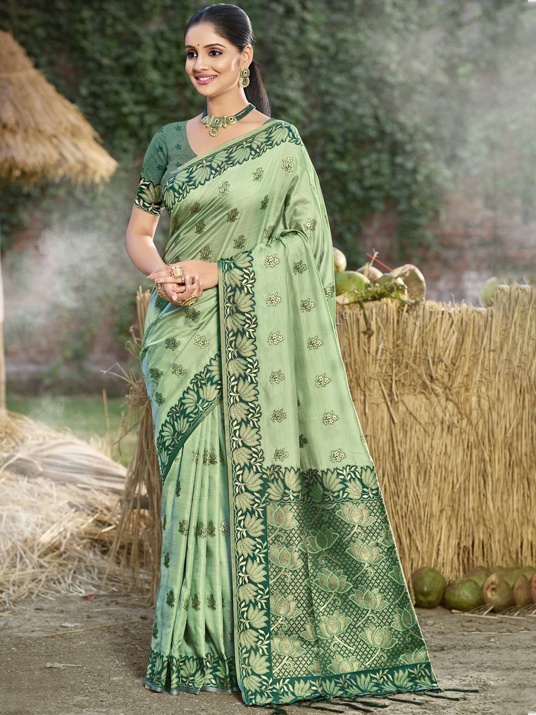 

SANGAM PRINTS Floral Zari Tussar Saree, Green