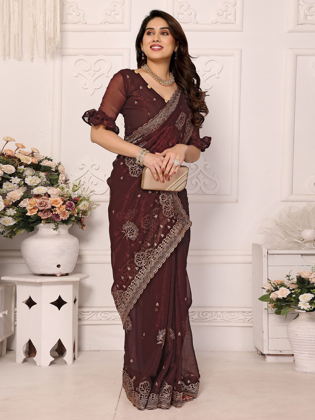 

Nirmohi Fashion Ethnic Motifs Embroidered Pure Silk Saree, Brown
