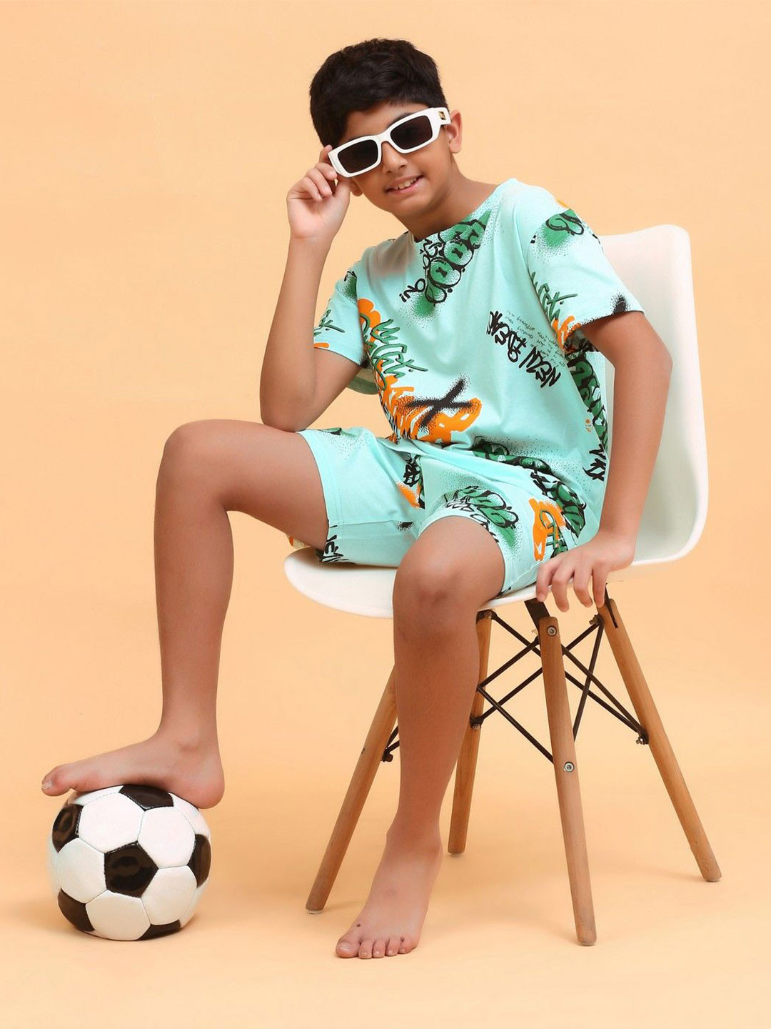 

Ninos Dreams Boys Printed Short Sleeves Pure Cotton T-Shirt With Shorts, Sea green