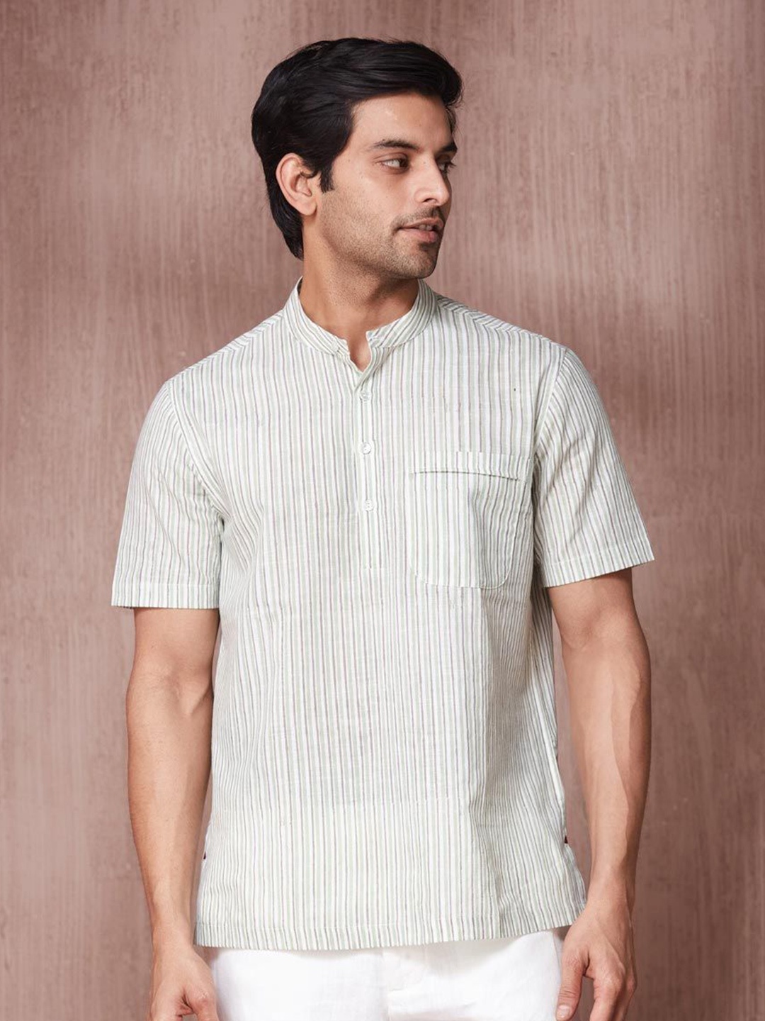 

Fabindia Men Band Collar Vertical Striped Cotton Casual Shirt, White