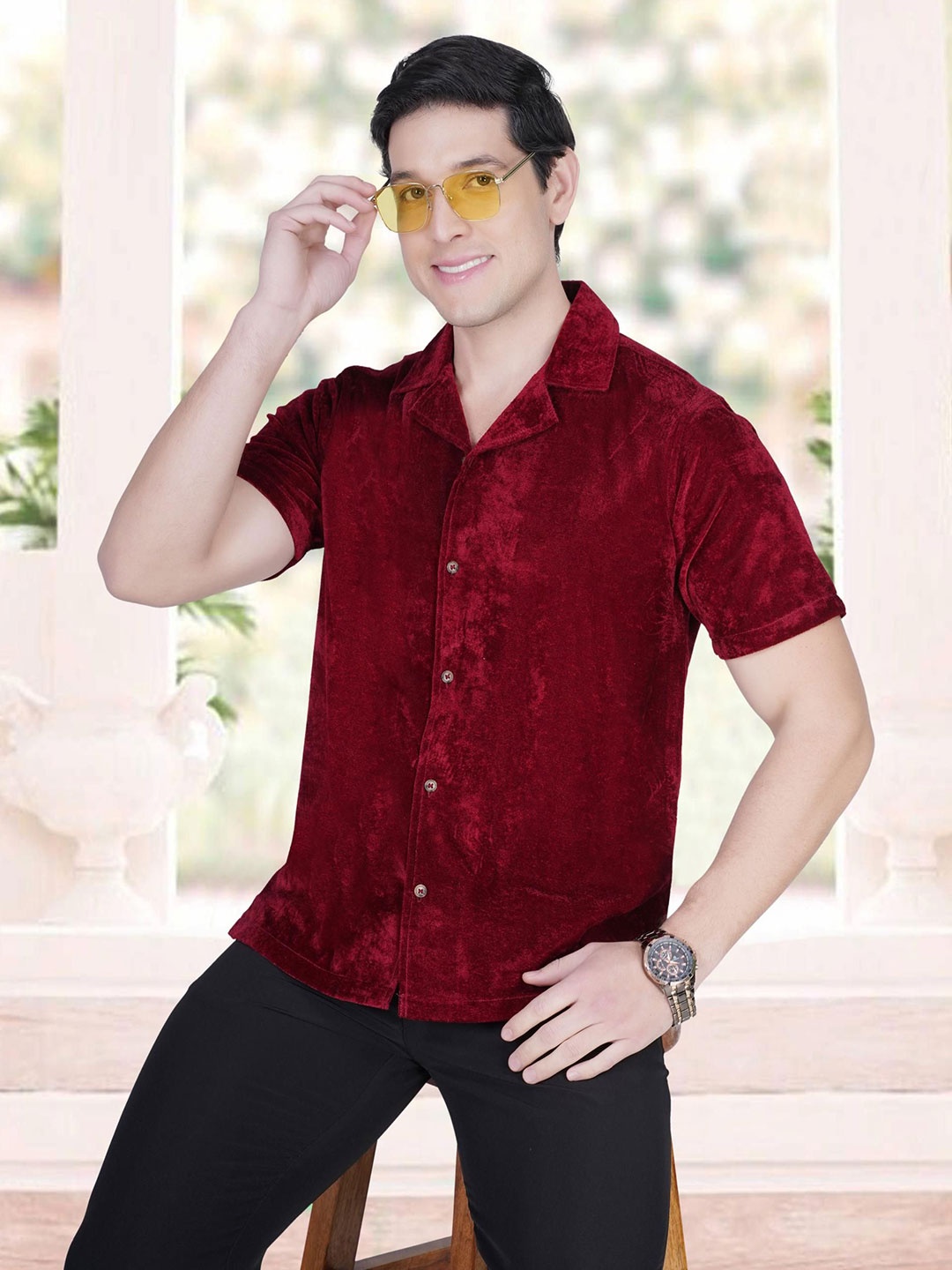 

BAESD Men Relaxed Slim Fit Cuban Collar Solid Silk Casual Shirt, Maroon