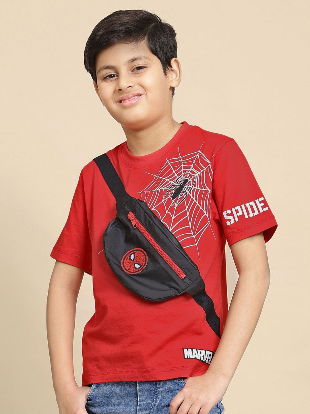 

Kids Ville Boys Spiderman Printed Regular Fit Tshirt with Pouch Bag, Red