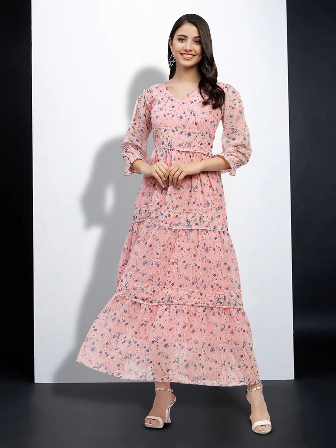 

MISS AYSE Women Floral Printed Cotton Fit & Flare Dress, Peach