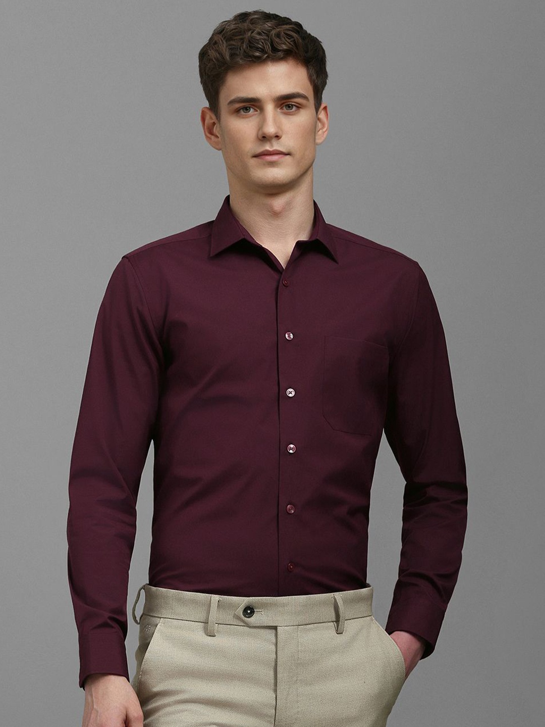 

Louis Philippe Men Slim Fit Spread Collar Solid Cotton Formal Shirt, Maroon