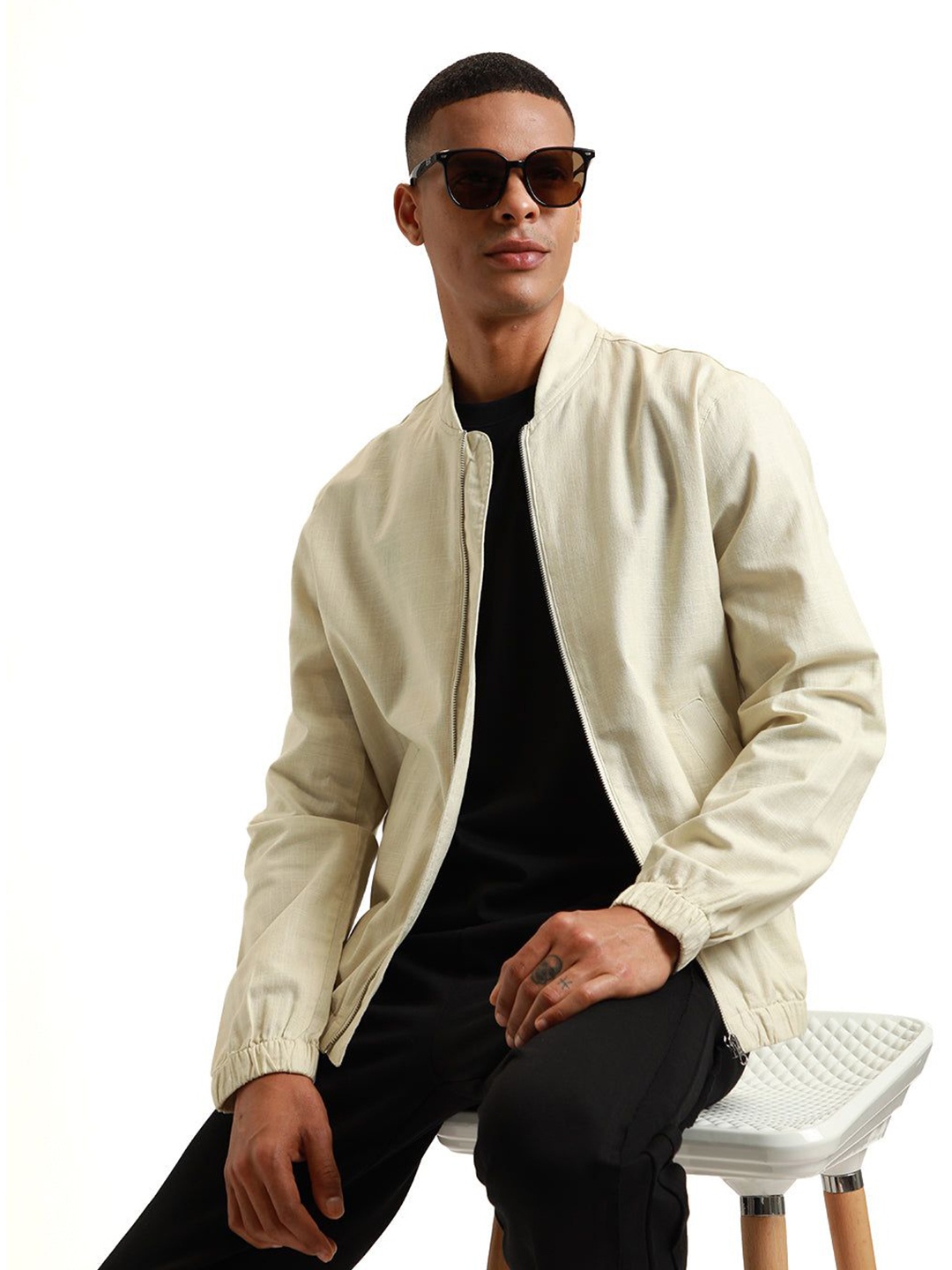 

Banana Club Men Open Front Bomber Linen Jacket, Cream