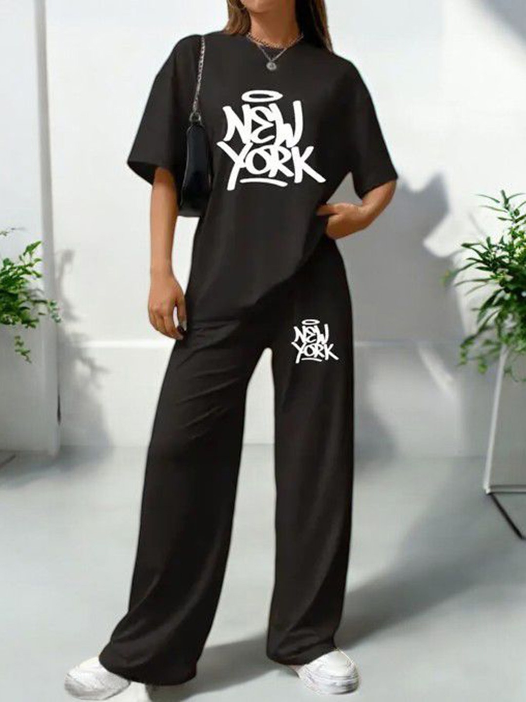 

My Swag Typography Printed Round Neck T-Shirt With Trousers, Black