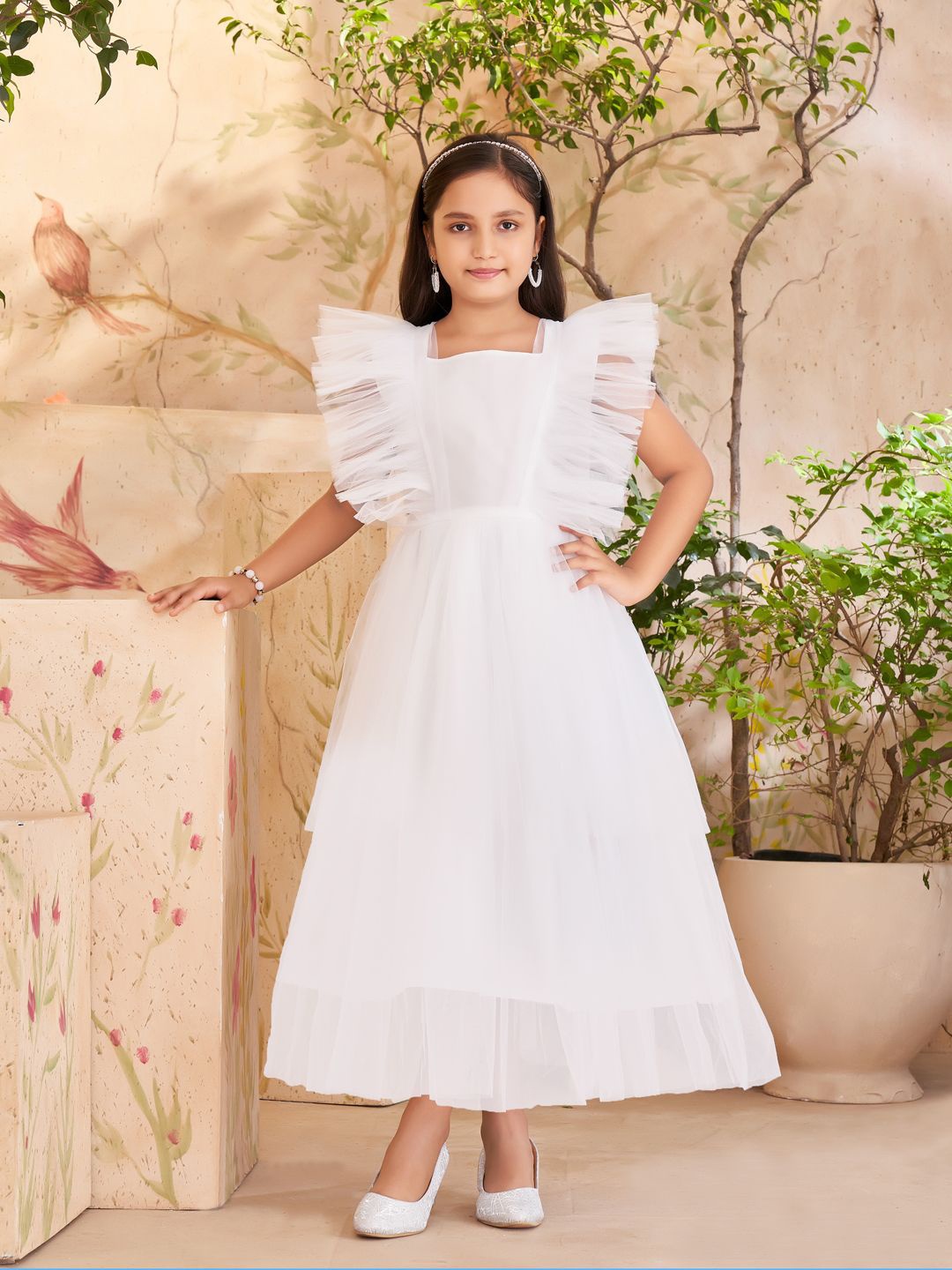 

YK Flutter Sleeve Net Maxi Midi Dress, White