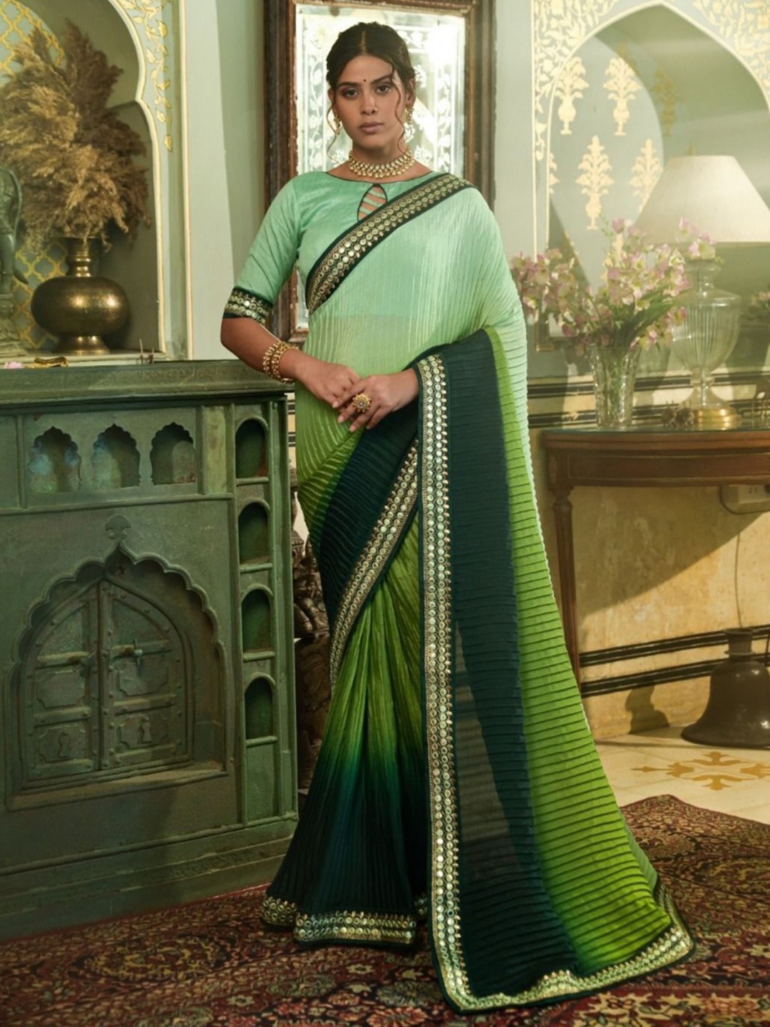 

Anouk Tie and Dye Sequinned Saree, Sea green
