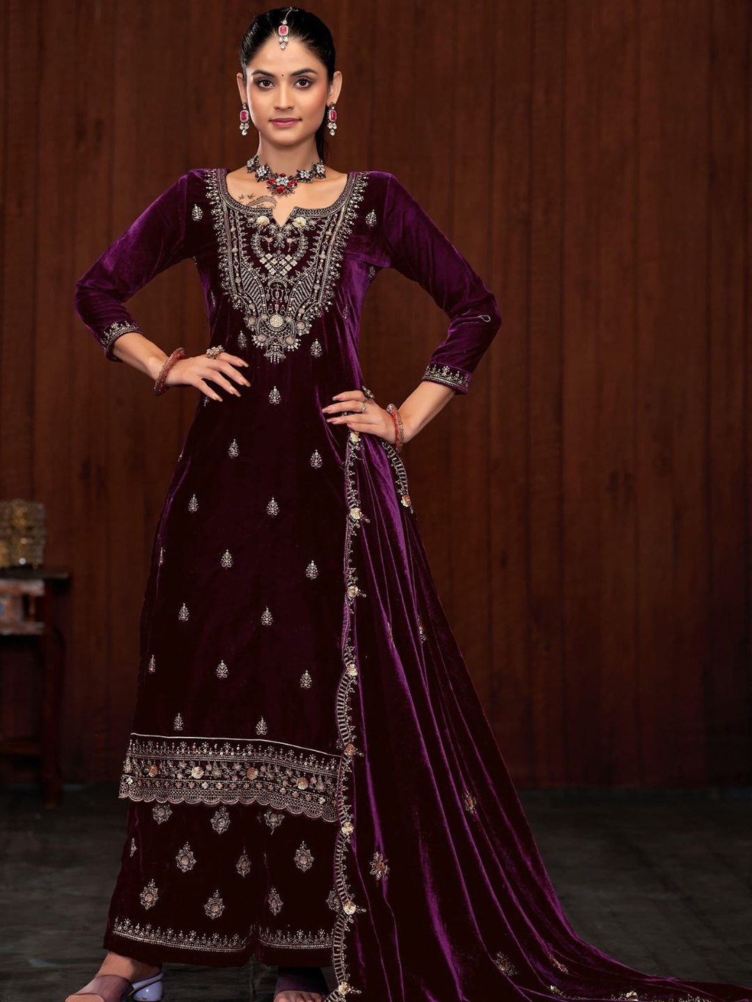 

ODETTE Floral Embroidered Sequinned Velvet Semi-Stitched Dress Material, Purple
